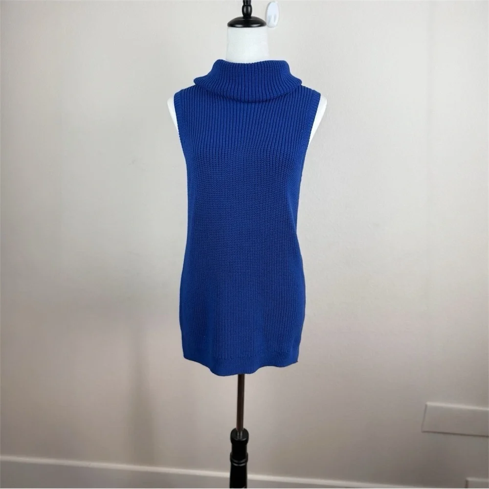 Talbots Women's Blue Sleeveless Turtleneck Sweater Tunic Top Size S Cotton Blend - Picture 6 of 10